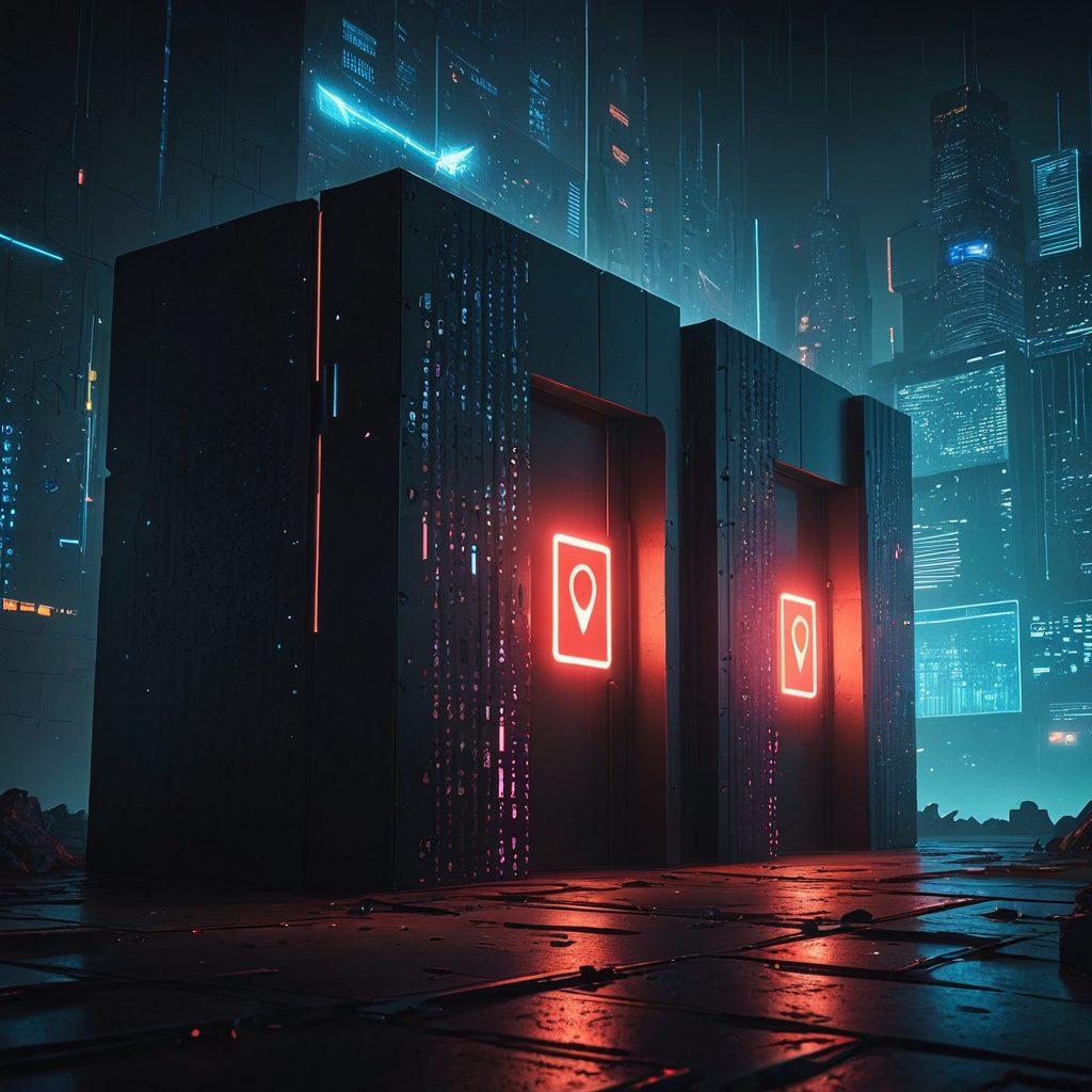 A digital fortress scene with high-tech walls, a glowing lock symbol representing data security, and shadowy figures attempting to breach the walls, symbolizing identity theft. Incorporate elements like binary code rain and a virtual shield protecting the fortress. Use a dark, moody color palette with vibrant neon accents to emphasize the urgency of cyber protection. cyberpunk. super-realistic. vibrant colors.