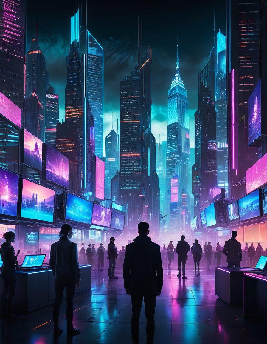 A futuristic digital cityscape filled with glowing skyscrapers representing a cyber landscape, featuring secure data vaults and shields symbolizing data security. In the foreground, a diverse group of individuals using devices with holographic displays, emphasizing personal privacy. The background includes binary codes and digital locks subtly integrated into the skyline. vibrant colors. cyberpunk.